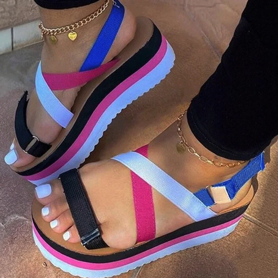 

Thick sole slides women new rainbow color matching Hook Loop beach casual hard-wearing non-slip sandals, Pictures