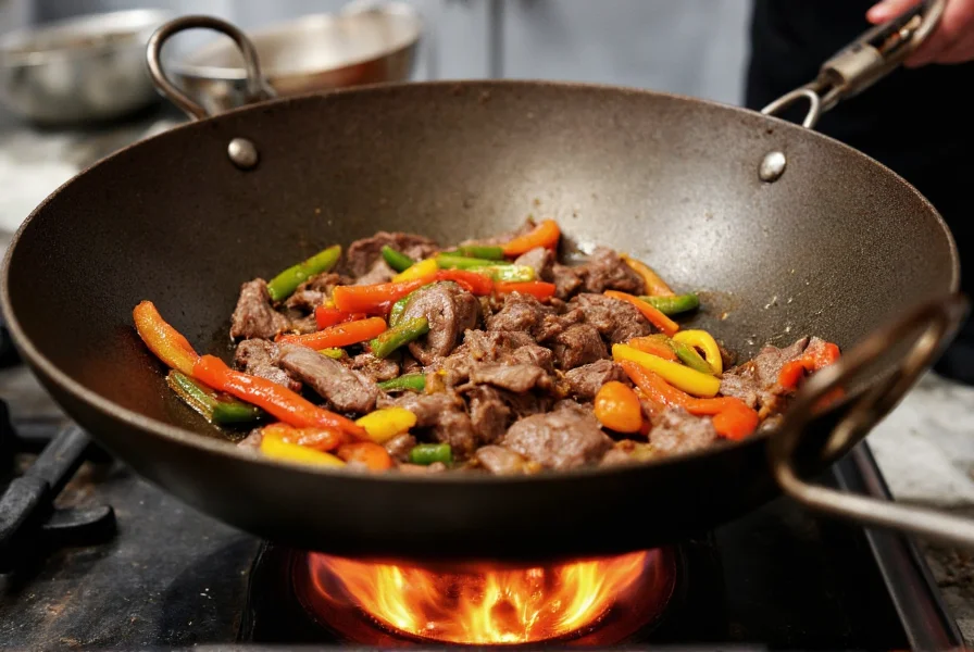 Professional chef stir-frying sliced flank steak with colorful bell peppers in a carbon steel wok over high flame