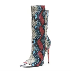 Custom Made Botines Altos De Mujer Steel Pointed Toe Stiletto Heel Snake Skin Print Ankle Boots for Women