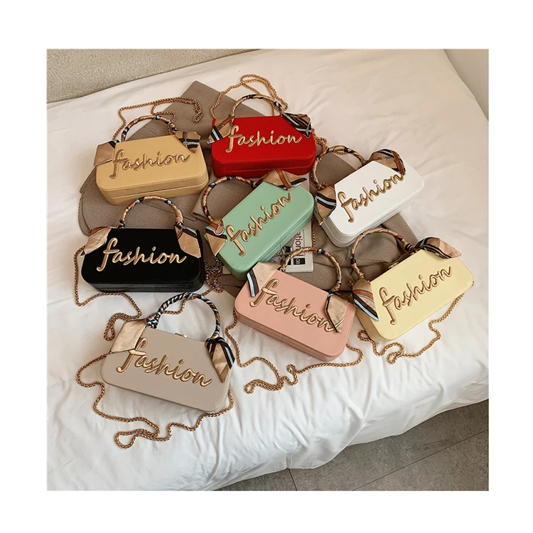 

Trendy Embroidery Thread Letter Small Square Bag Fashion Chain Messenger Bag For Women Scarf Metal Handle Clutch Purses Handbags