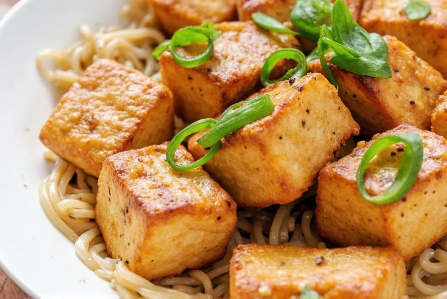 Schwarzer Pfeffer Tofu auf Jasminreis mit grünen Zwiebeln