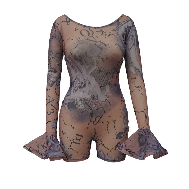 

L4020 Mesh Perspective Sexy Short Flared Sleeve Jumpsuit, Apricot