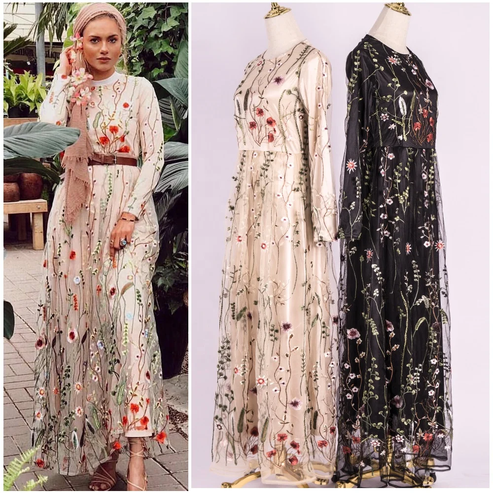 

Fashion Ethnic Turkey Clothes Muslim Dress Kaftan Floral Embroidery Islamic Clothing Muslim Dress Women, Black beige