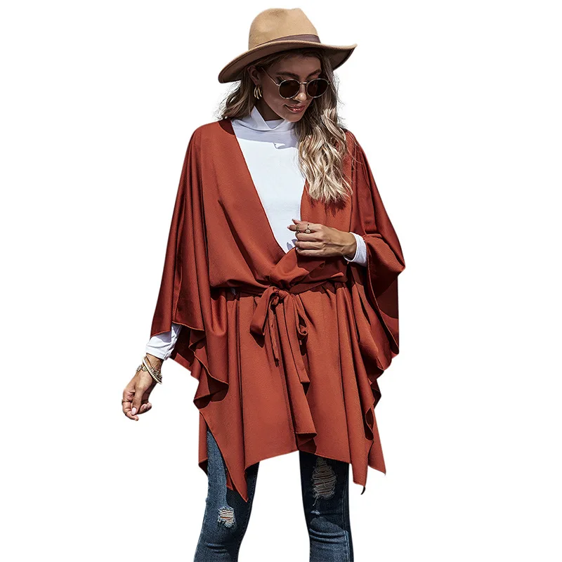 

Autumn New Style Women's Loose Batwing Long Sleeve Cardigan Lace-up Elegant Fashion Cloak Coat for Women, Red