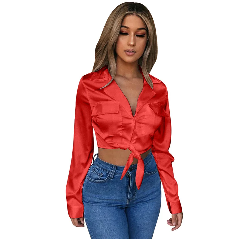 

2020 new arrivals spring hot selling women Long sleeve v neck short blouse crop tops