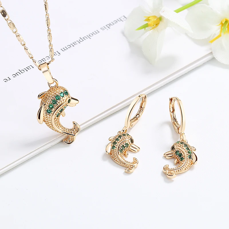 

Wholesale 2023 Trend Dubai 18k Gold Plated Wedding Dolphin Shape Crystal Zircon Fashion Jewelry Jewelry Set For Women