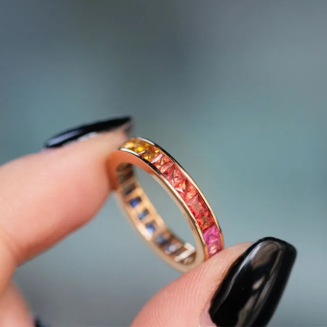 

Wholesale Rainbow Colorful Sapphire Ring 14K 18K 24K solid gold Eternity rings