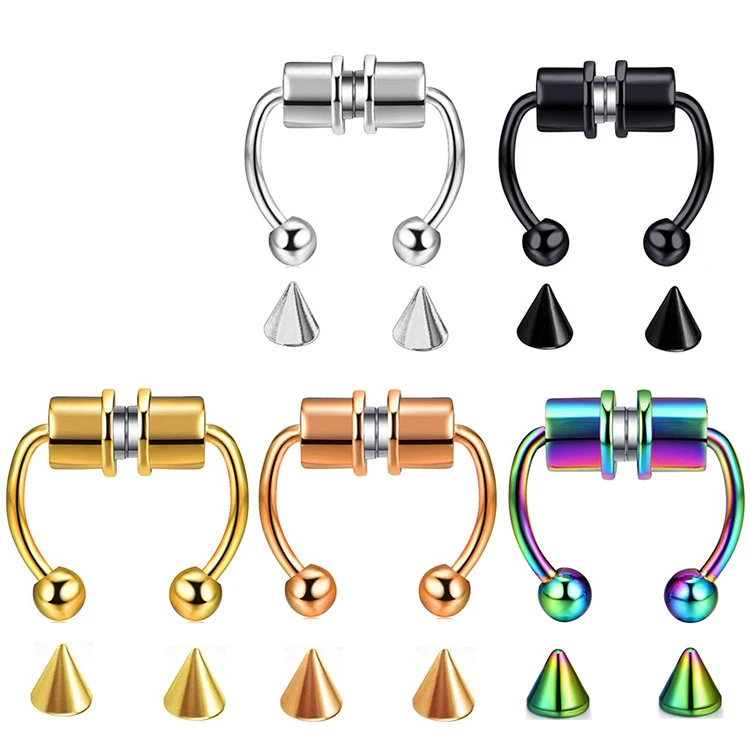 

Newest Non Piercing Horseshoe Septum Fakes Nose Ring Stainless Steel Magnetic Double Hoop Clip On Nose Ring for Unisex, Multicolor