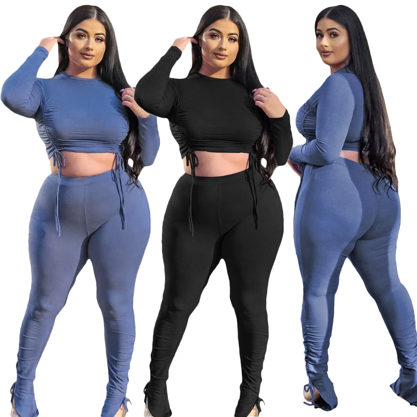 

P5104 Popular long sleeve casual two piece pants set women clothing 2021 fall outfit set crop top solid plus size women