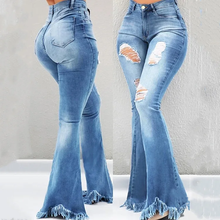 

Amazon INS Hot Sale Women Fashion Hole Jeans High Waist Floor Length Tassel Flare Pants Outdoor Casual Trousers, Blue