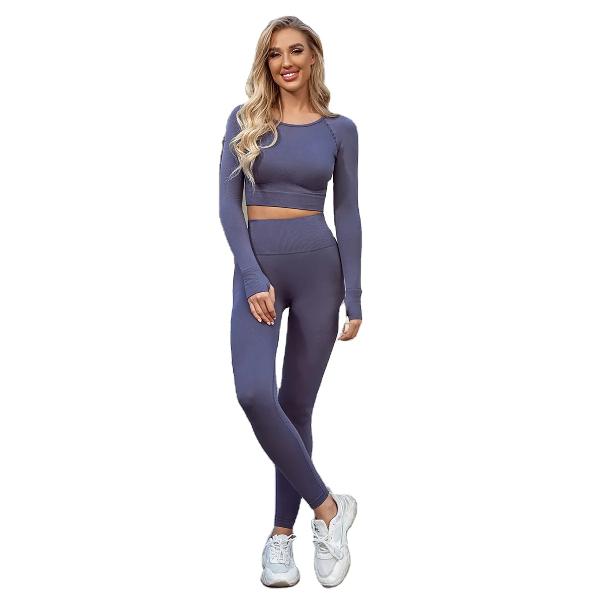 

GOTS Verified multiple colour knitted seamless long sleeve sports tight revealing top fitness two-piece yoga set, Customized colors