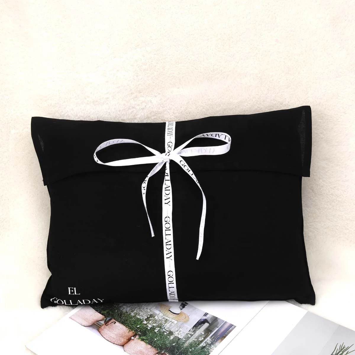 

Reusable Custom Ribbon Printing Black Canvas Gift Packaging Women's Coat Clothes Bag Luxury Envelope Dust Organic Cotton Pouch