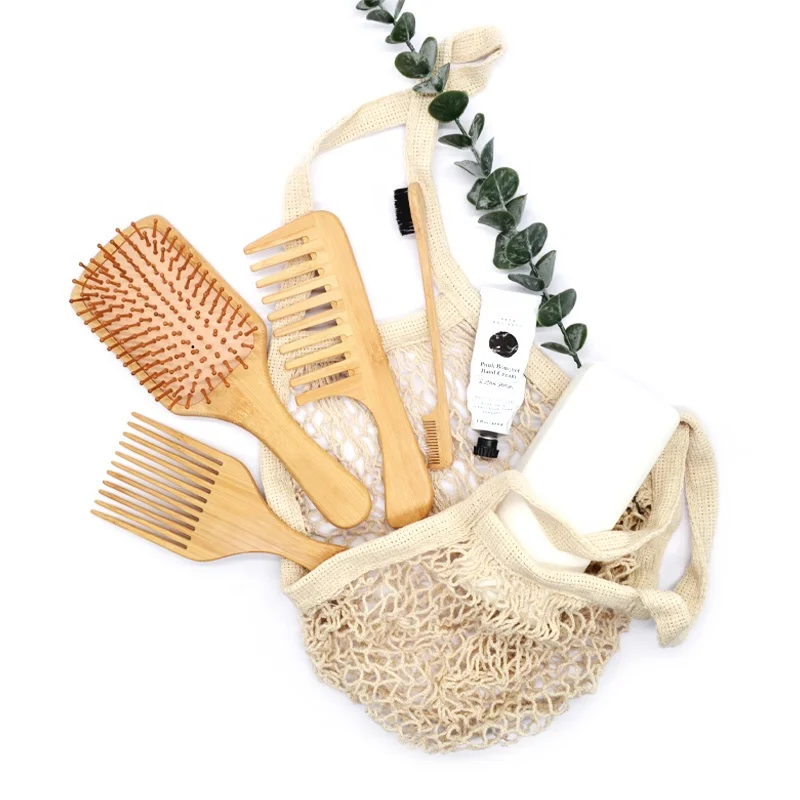 

Wholesale Natural Bamboo Brush Comb Kit Wide Tooth Comb Bamboo Afro Pick Detangling Hair Brush With Logo 4PCS Eco-friendly Kit