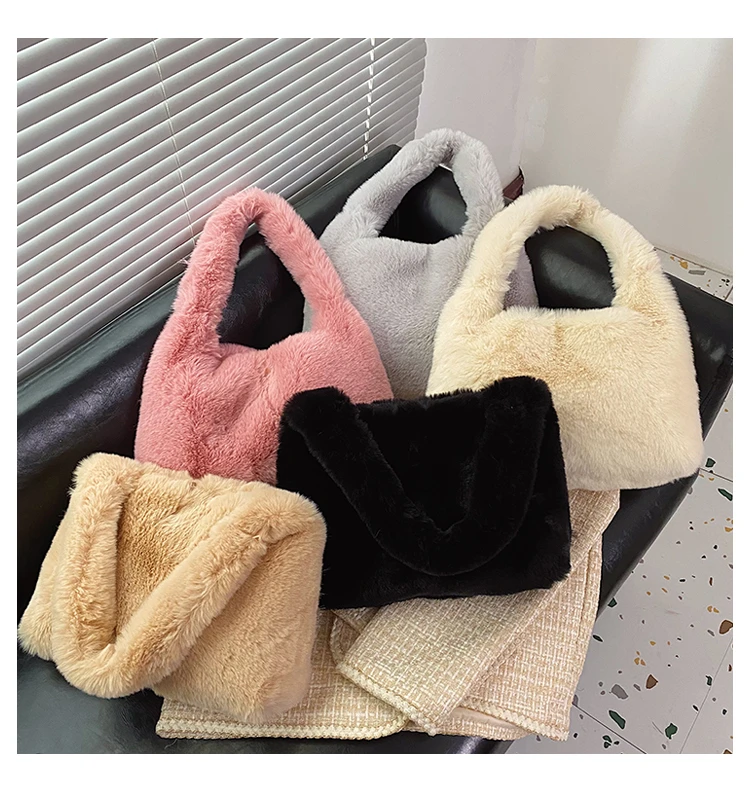 

Lasvenis Wholesale Custom Women Fluffy Faux Fur Tote Bags Ladies Large Plush Shoulder Handbag, White/black/customized color