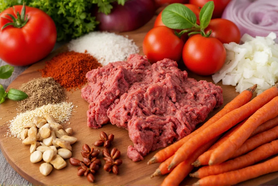 Close-up of chili ingredients including ground beef, kidney beans, tomatoes, onions, garlic, and spices arranged on wooden cutting board