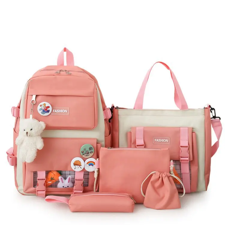 

2024 Hot Sale School Bag and Pencil Case 5-piece Set Backpack with Handbag Sets Portable Book Bag Set Cartoon Oem Girls 5 Colors