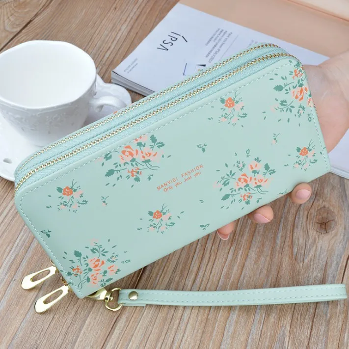 

High quality women printing leather wallet large capacity double zipper ladies clutch phone wallet, Multicolor