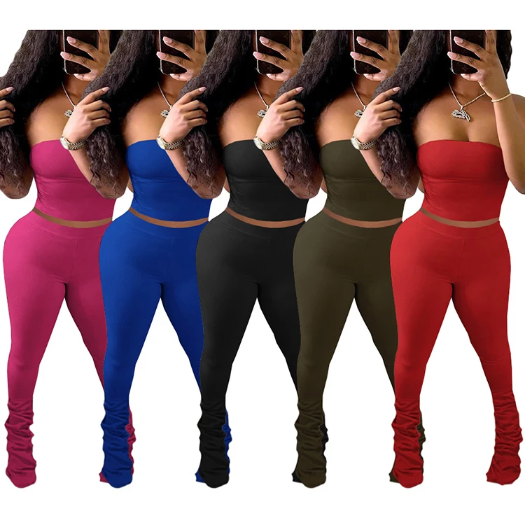 

2021 fashion clothing wrap crop top sexy stack pants 2 piece set, 5 colors