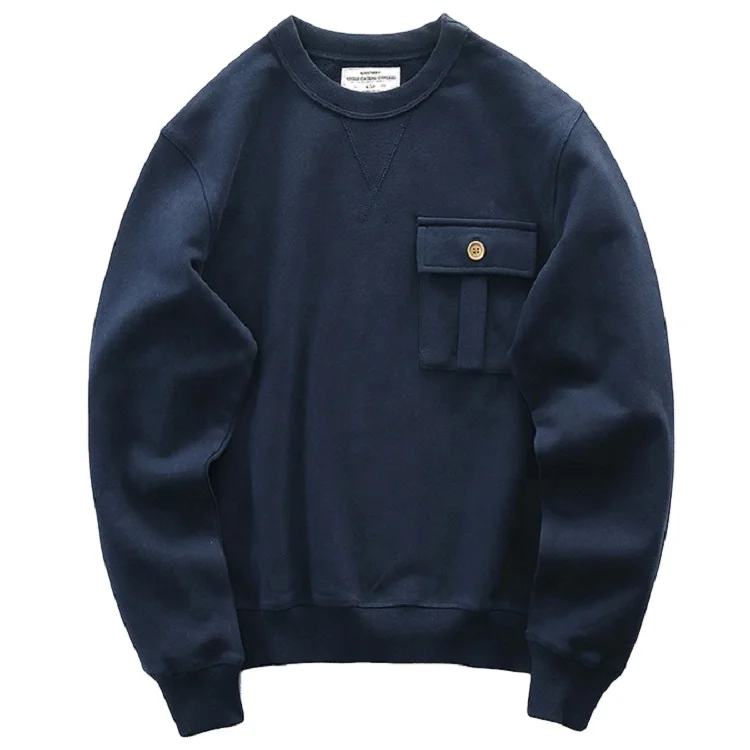 

Wholesale factory custom Spring Heavy Pullover Grey Crewneck 100 cotton Solid Color Men Fleece Sweatshirt with chest pockets