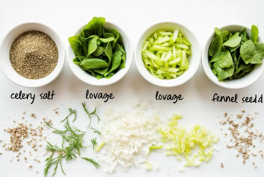 Close-up comparison of celery seed alternatives including celery salt, fresh celery leaves, lovage, dill seed, and fennel seed arranged in small bowls