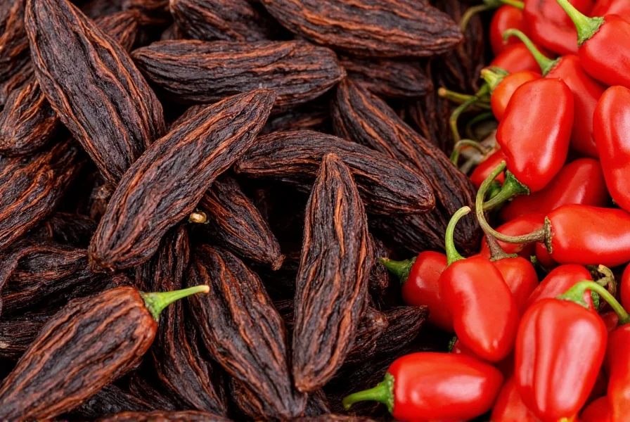 Close-up of dried pasilla peppers showing their characteristic wrinkled, dark brown appearance next to fresh chilaca peppers