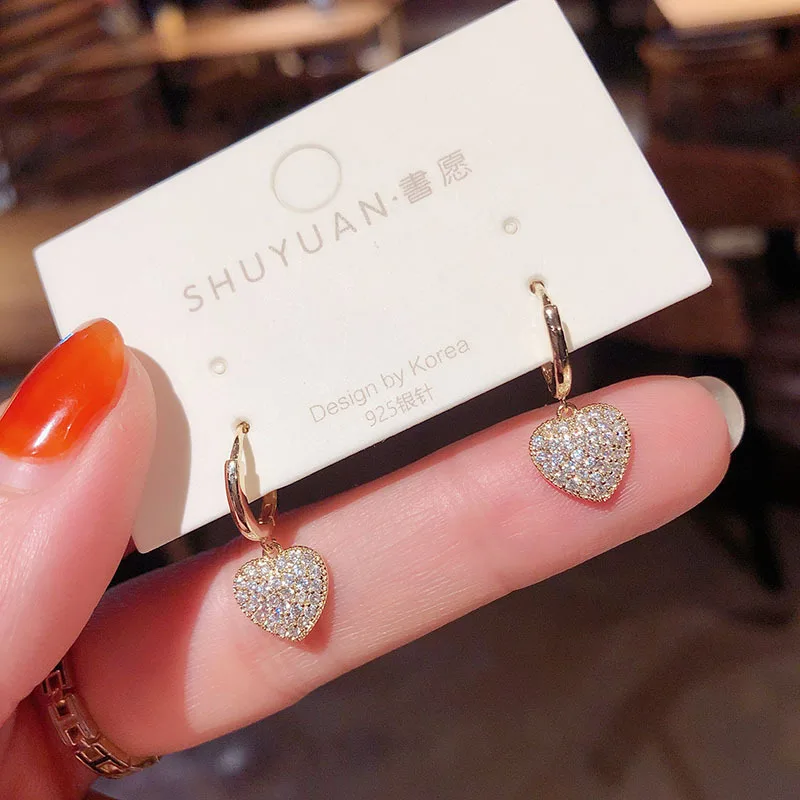 

Shiny Fashion Real Gold Plating Full Diamond Heart Shape Hoop Earrings Bling Bling Crystal Rhinestone Love Heart Earring