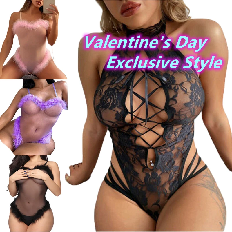 

2022 Valentine's Day Exclusive Style Women Plus Size Teddy Deep V Lace Valentines Sexy Lingerie Bodysuits, Customizes color