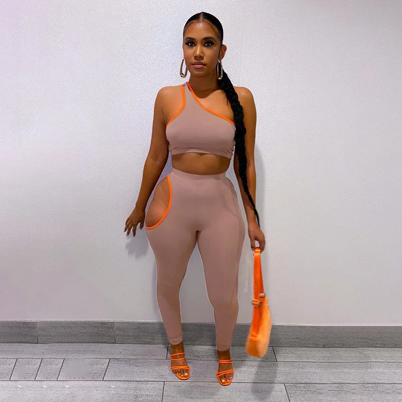 

2021 Hot Products Solid Color Slim Irregular One Shoulder Wrapped Chest Casual Summer Trousers Set