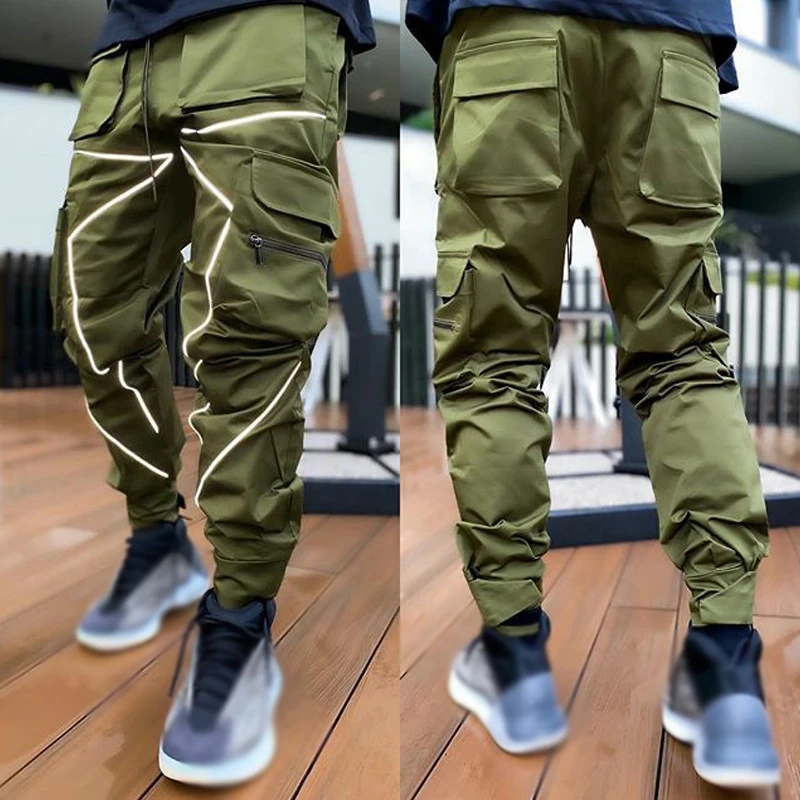 

Mens clothing reflective stripe casual sweatpants jogger track pants running reflective pants, Black/army green/gray/khaki