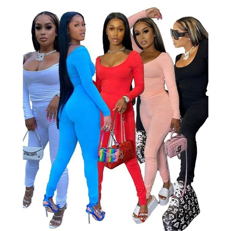 

Newest Design Casual Fashion Solid Color Skinny 2 Pcs Track Suit Outfits Two Piece Set Women Clothing