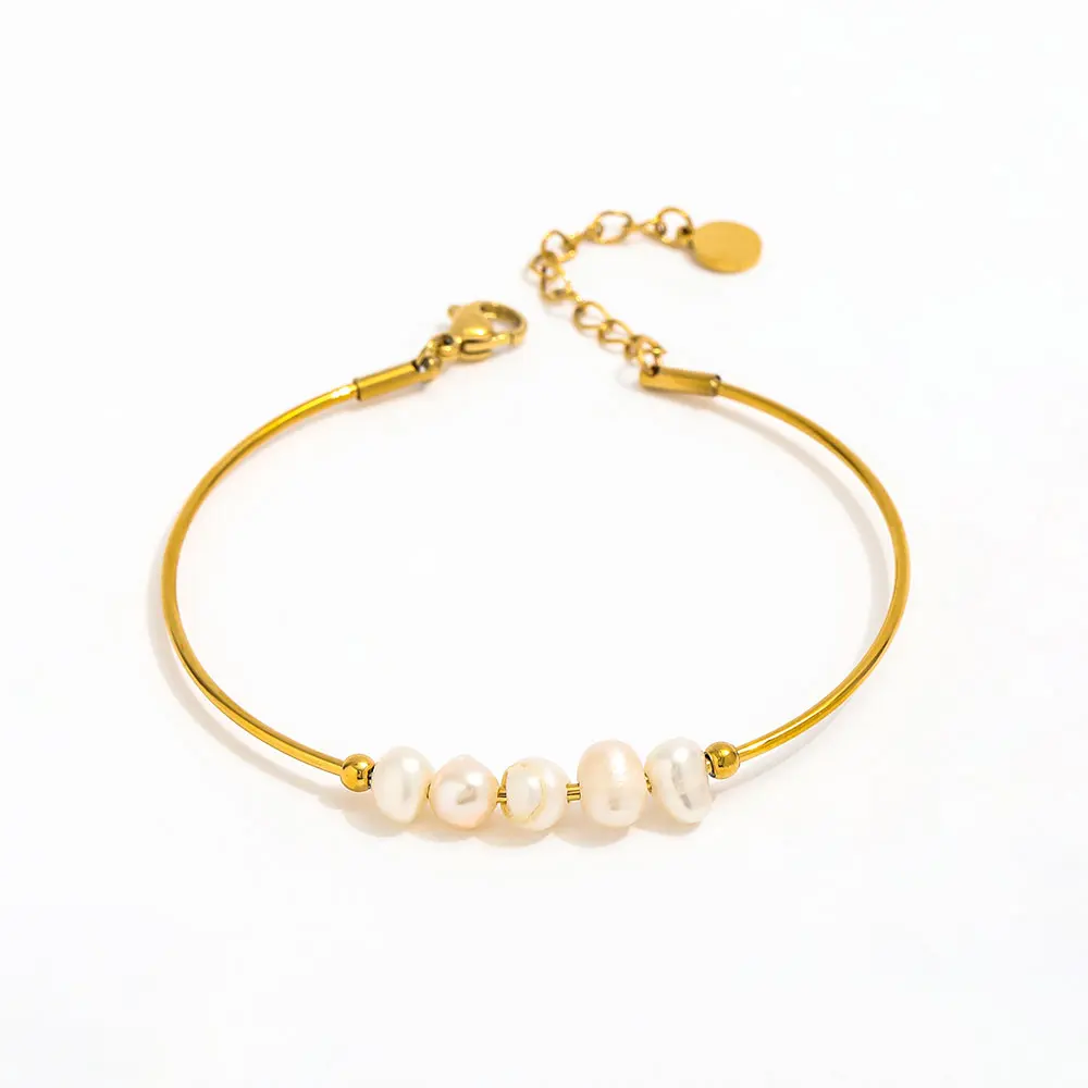 18K PVD Gold Plated Stainless Steel Fresh Water Pearl Stretchy Chain Bracelet Vintage Style Gold Bangle for Women Gift