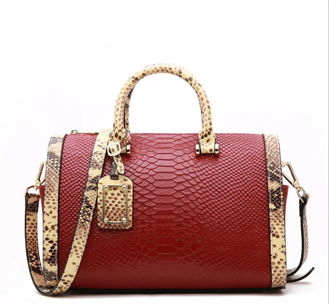 

New Snake Pattern Cowhide Women Handbags Boston Bag Genuine Leather Shoulder Bag Portable Messenger Bag