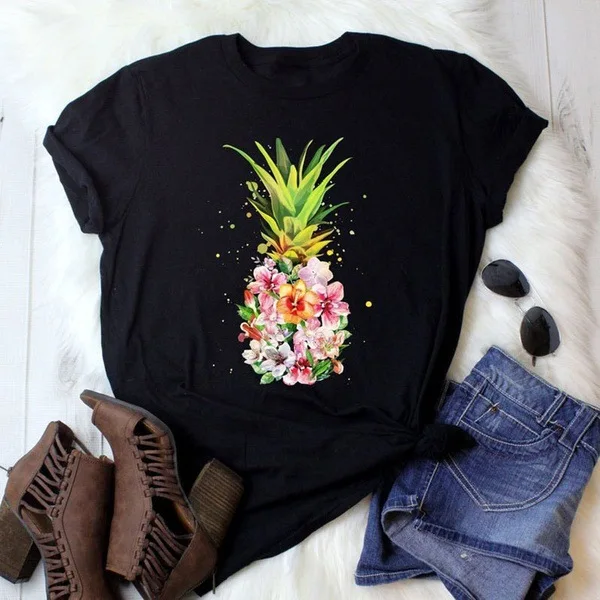 

2021 Pineapple Print Casual Short Sleeve Round Neck T-shirt Women's Top