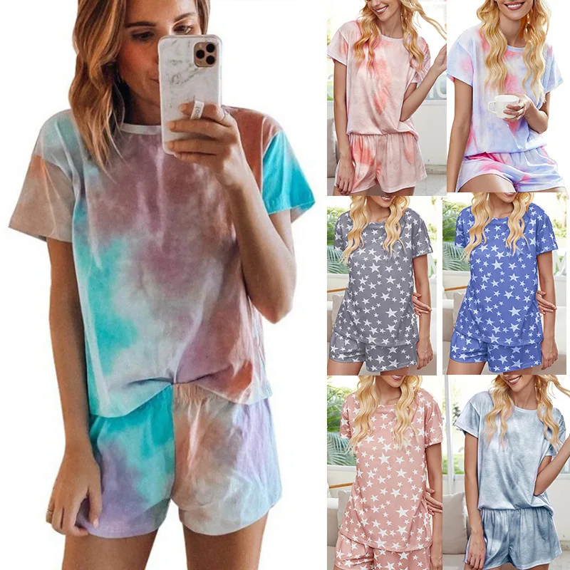 

Women Two Piece Outfits Casual Print Tie-dye Gradient Star Pajamas Short Sleeved Home Suit 2 Piece Set Women T-shirts Shorts