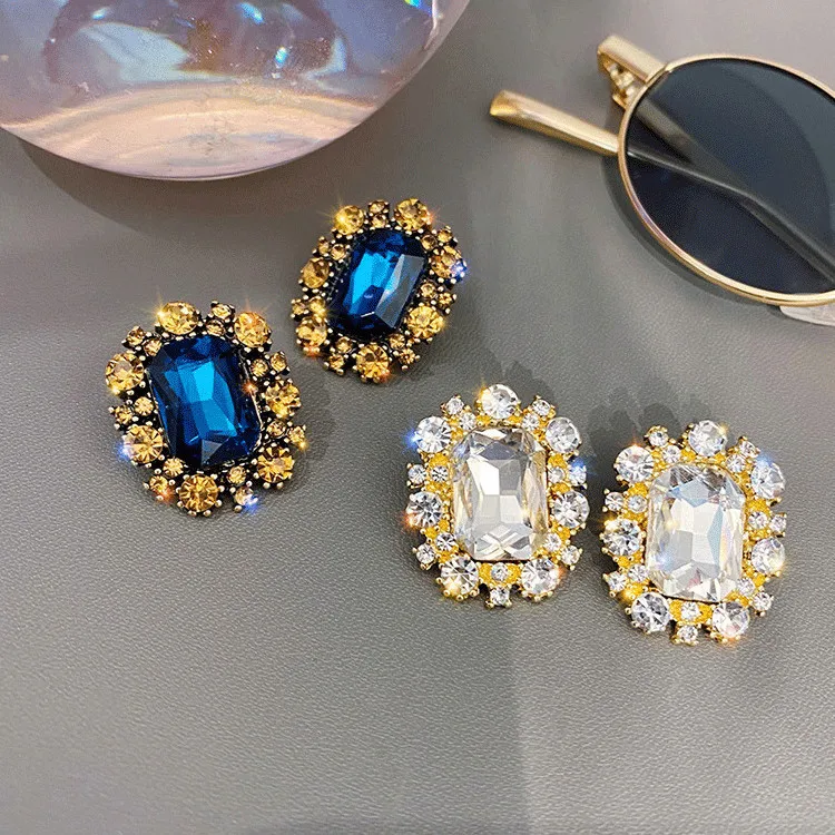 

Fashion Vintage S925 Crystal Stud Earrings Simple Blue Rhinestone Square Baguette Earring For Women