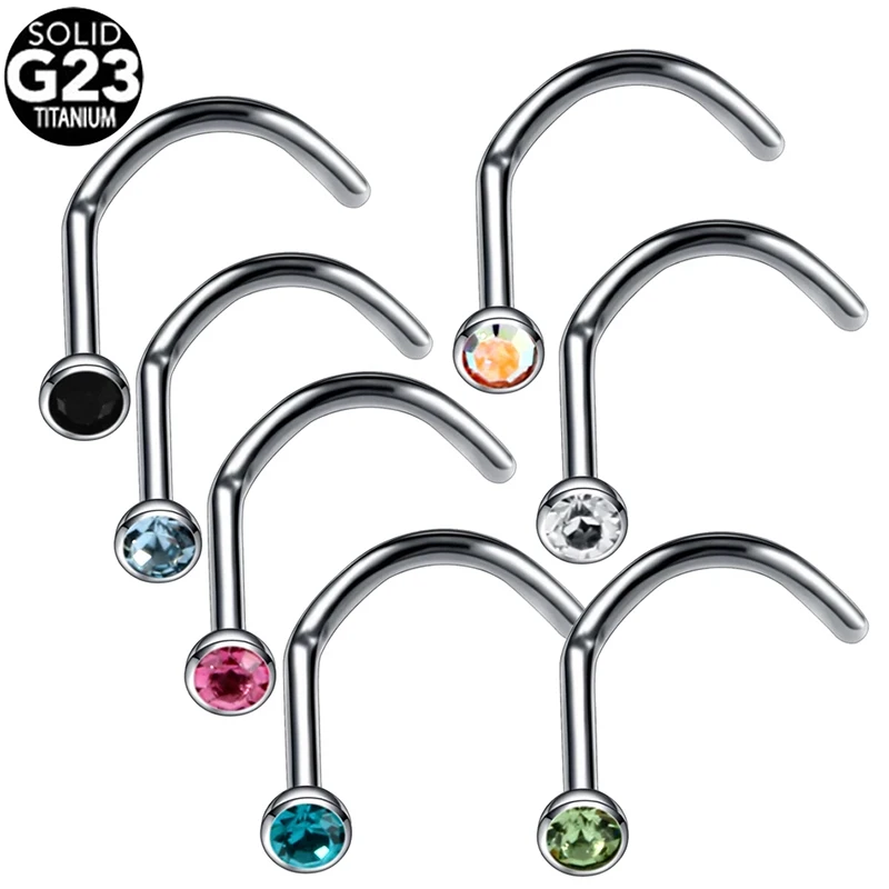 

G23 Titanium Nostril Screw Earrings Piercing Round Diamond S-Shape Nose Stud Rings Gem Screw Body Jewelry