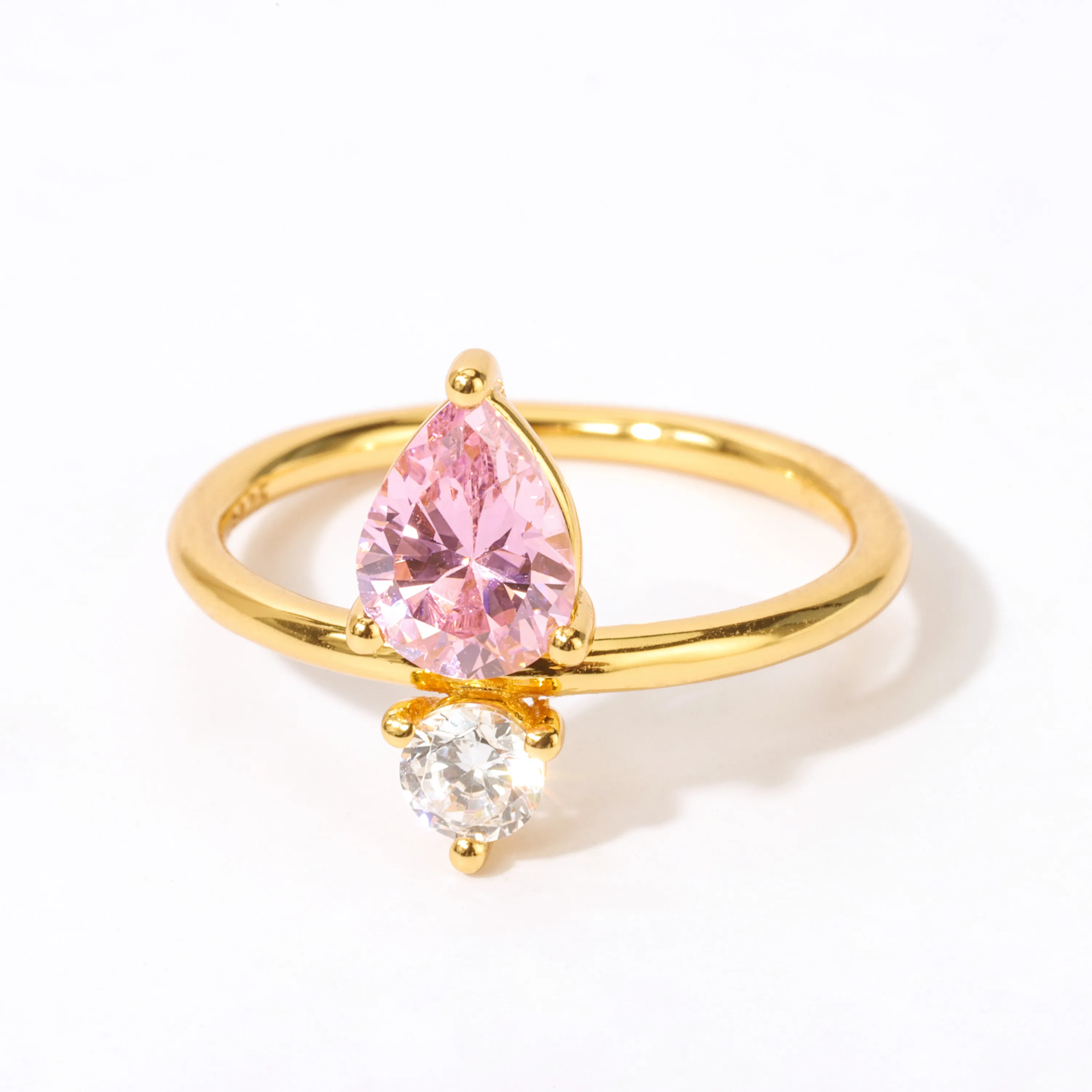 

Fine Jewelry Pink Pear Stone Ring 925 Silver Teardrop Crystal Fashion Gold Plated Band Ring Gift for Girl