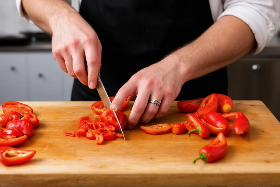 Chef slicing ripe red Cali Wonder peppers for culinary preparation on wooden cutting board