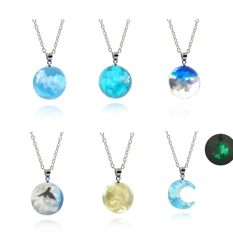 

European and American spherical resin sky clouds birds luminous pendant accessories blue sky and white clouds necklace, Picture shows