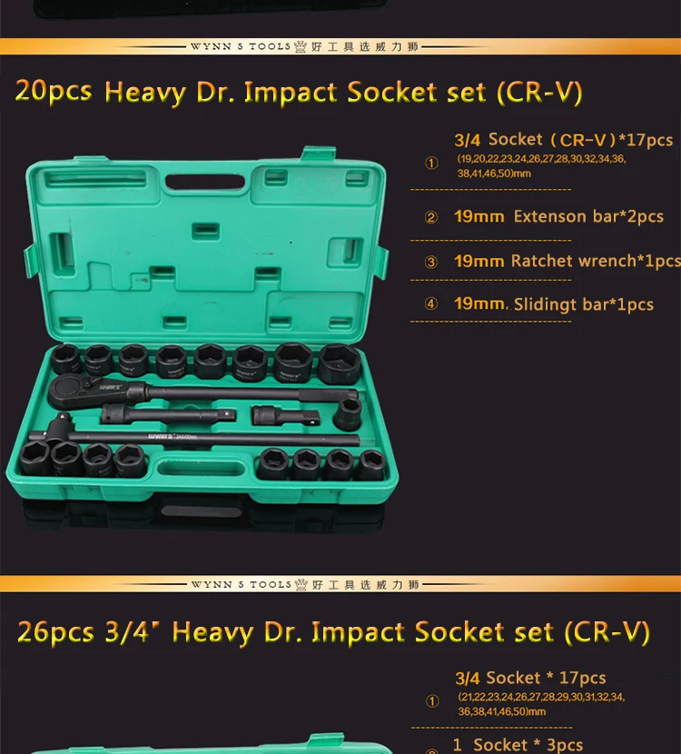 High Grade 26pcs 3/4" drive wheel repairing air impact socket ratchet wrench set for automobile machinery repairs