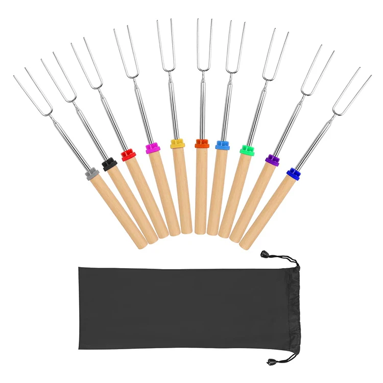 

8 Color Wooden Handle Extendable Marshmallow Roasting Sticks Barbecue Forks Set Telescoping Smores Skewers for Campfire, Fire
