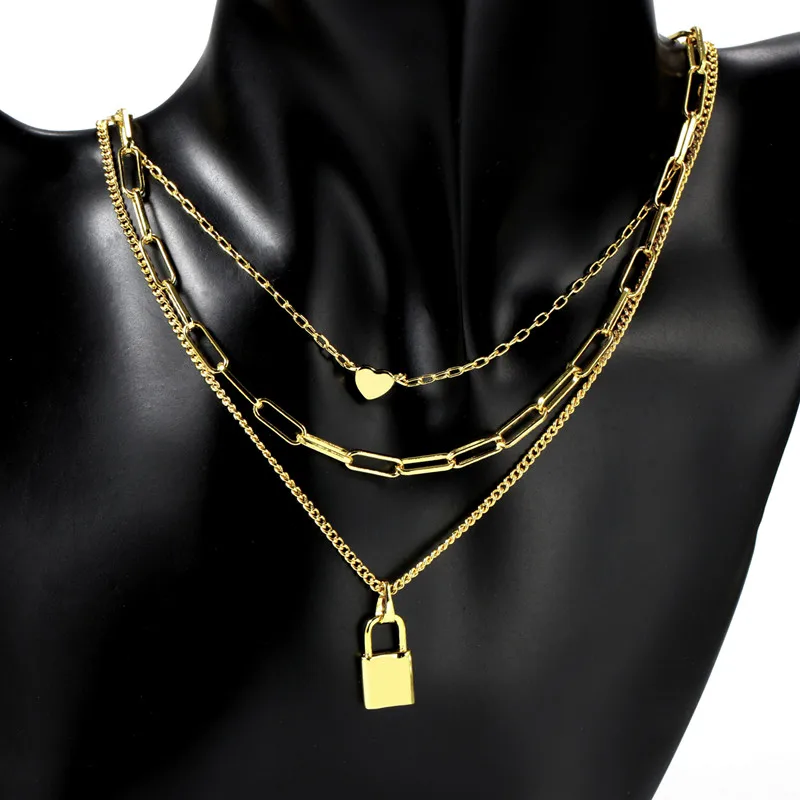 

18k gold plated 3pcs chain heart lock multilayer necklace