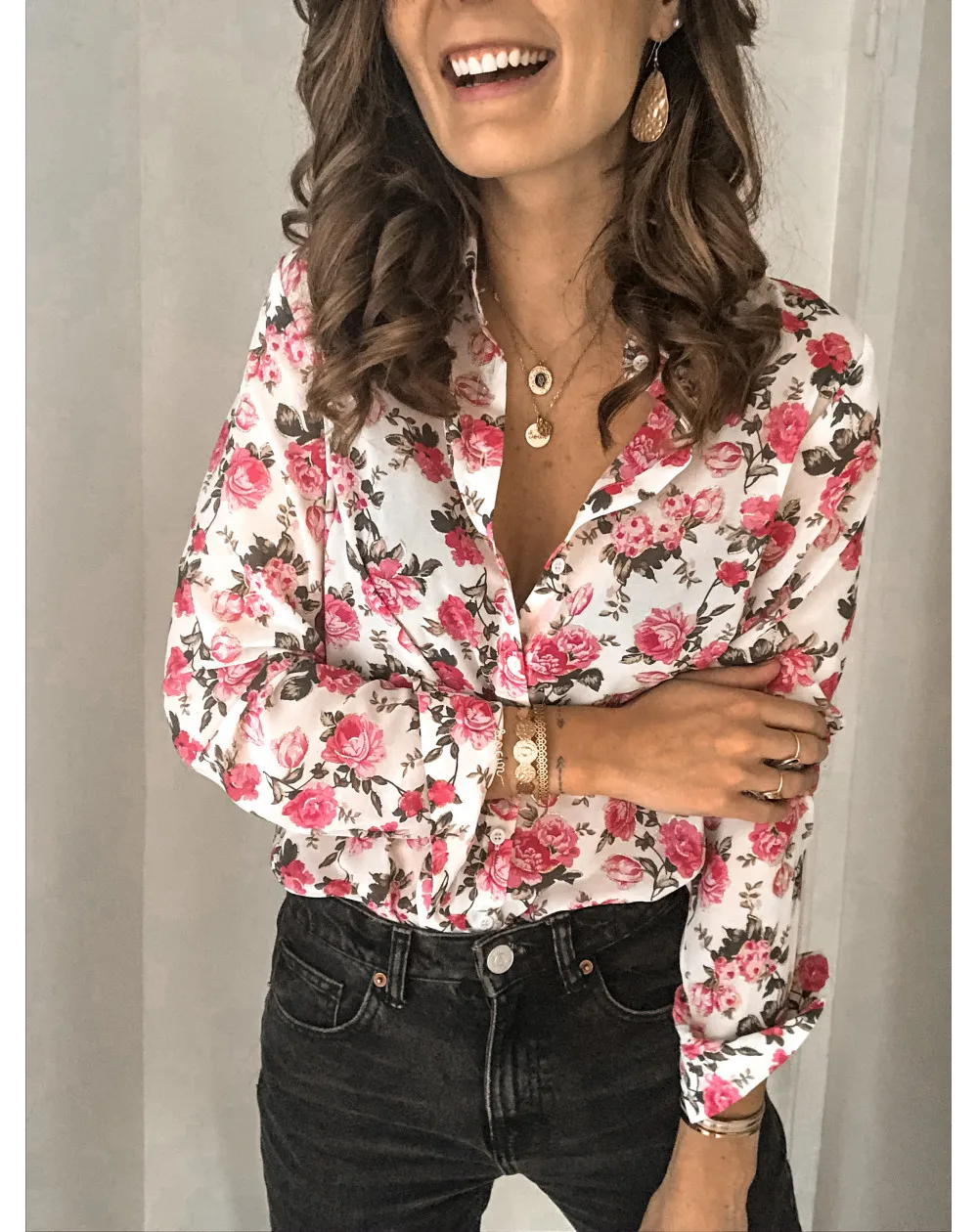

2021 Women Dots Print Shirt Female Tops Long Sleeve Casual OL Style Women Loose clothes, Champagne,siliver.white,black