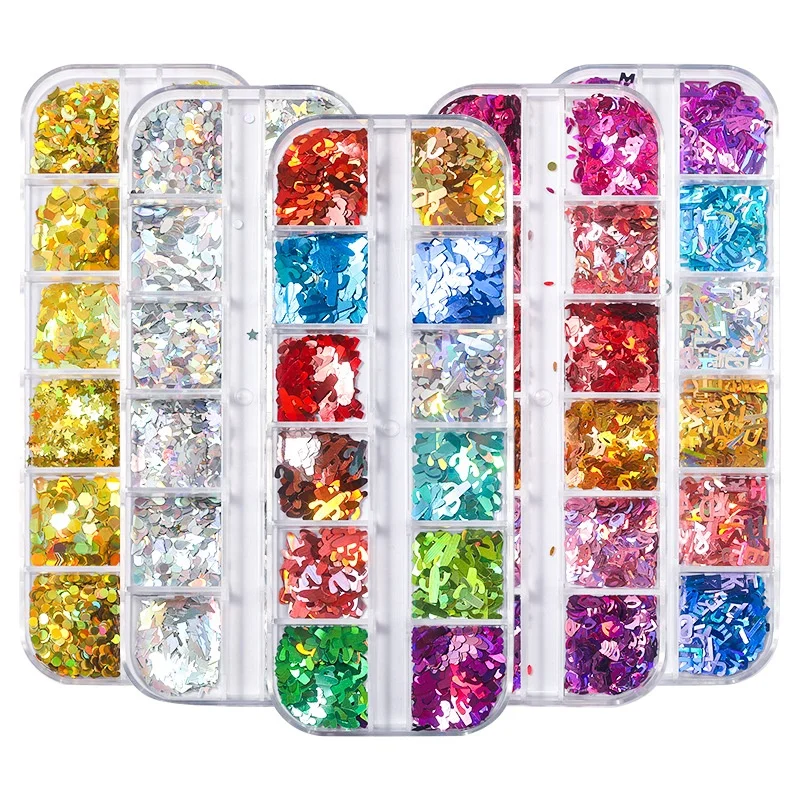 

Paso Sico 12 Slots Nail Set Shiny Letter Butterfly DIY Designs Nail Glitter Sequins for Nail Art Decoration