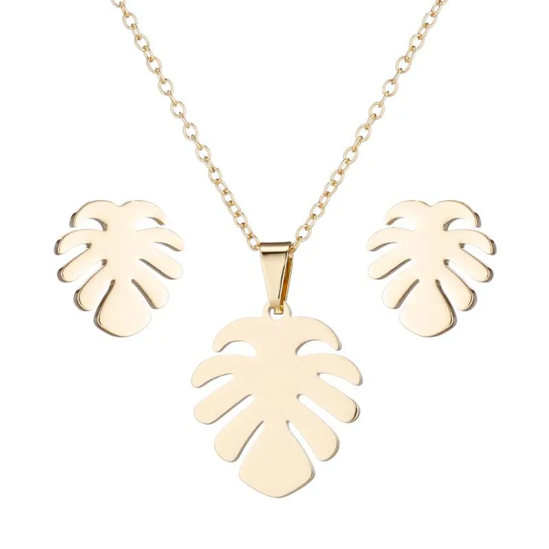 

Leaf Gold Color Stainless Steel Sets For Women Necklace Earrings Jewelry Set Wedding Jewelry, Gold silver