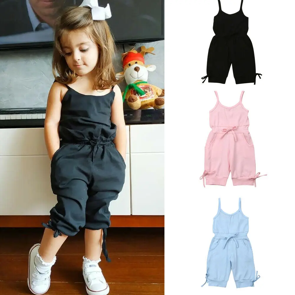 

2-6Years Summer Baby Girls Solid Cotton Romper Bow Sleeveless Jumpsuit Girls Overalls Clothes Outfits, As picture