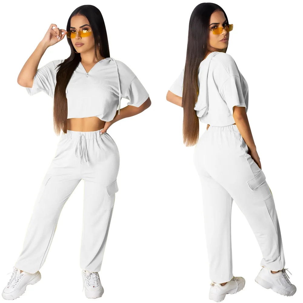 

European and American Solid Color Hooded Zipper Sports Suit