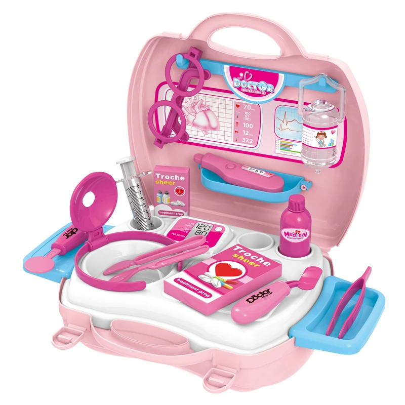 
23PCS Wholesale funny pretend play pink doctor set kit toys kids suitcase  (1600154976702)