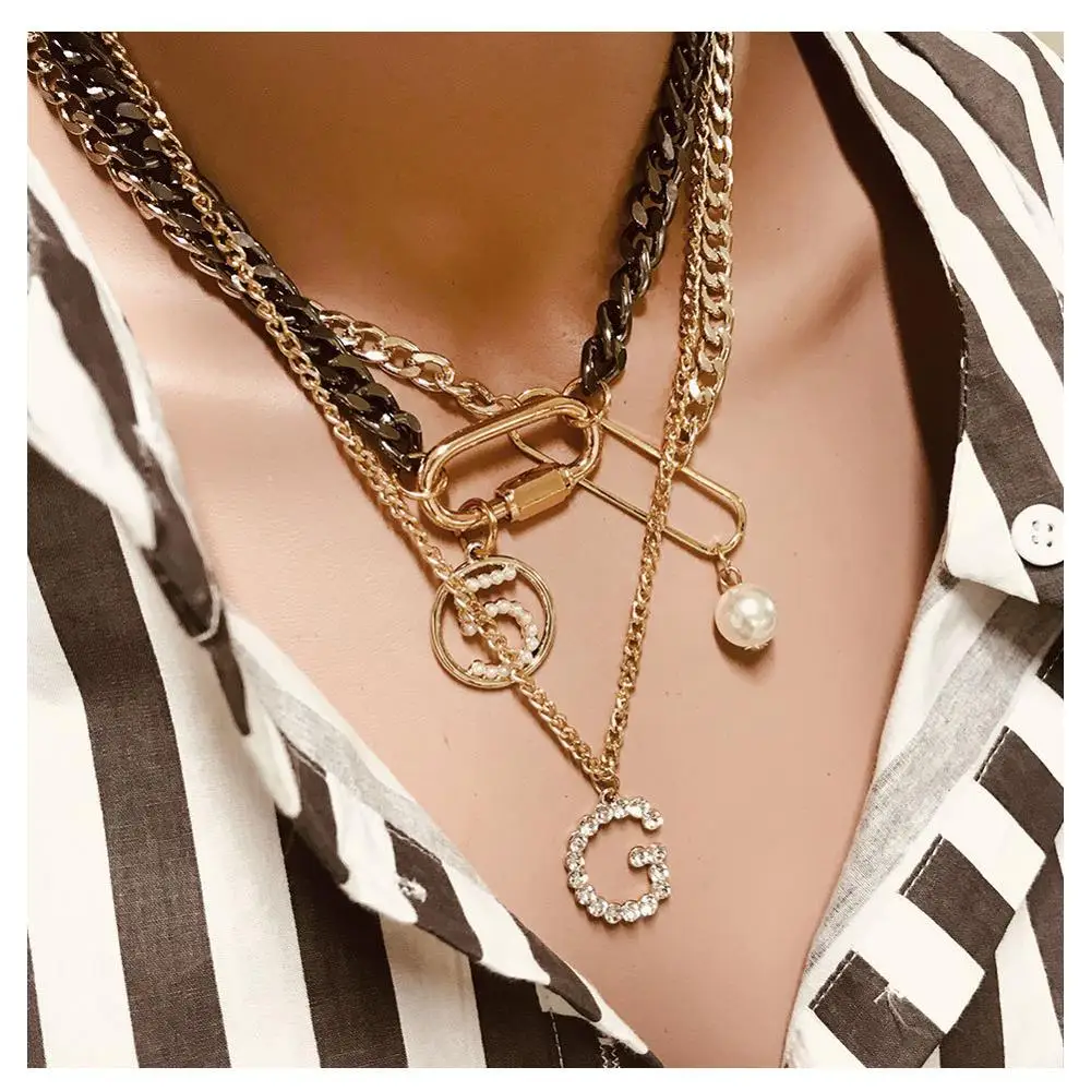 

2020 New Arrival Gold Plating Multilayer Punk Chain Necklace Crystal Letter Number Pin Pearl Pendant Necklace for Women, Picture color