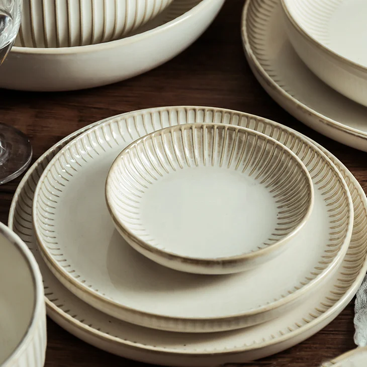 

House Ware Dinnerware Sets Vintage Ceramic Embossed porcelain cutlery Plates Noodles Bowls